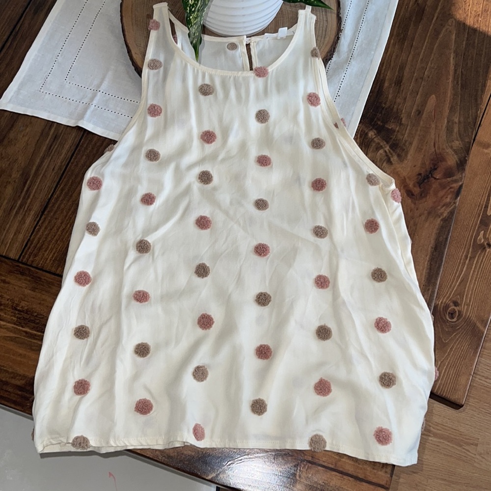 MINE Boutique Ivory Tank Blouse with Blush and Tan polka dots